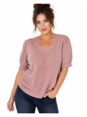 DR2 Womens 2X Dusty Pink Pointelle Knit Puff Sleeve V Neck Sweater Top